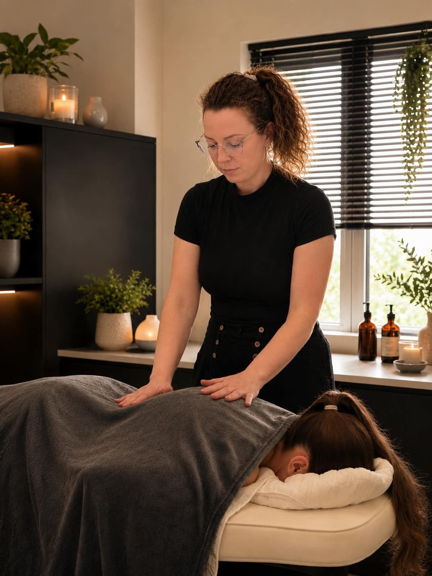 Kim Homewood treating a client at Nurture Body Therapy — hands gently resting on the client's back in a bright, plant-filled treatment room in Ashford, Kent